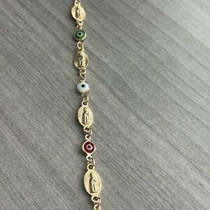 7-8”, 18K Gold FilledVirgin Mary Charm Bracelet with Multicolor Evil Eye Accents